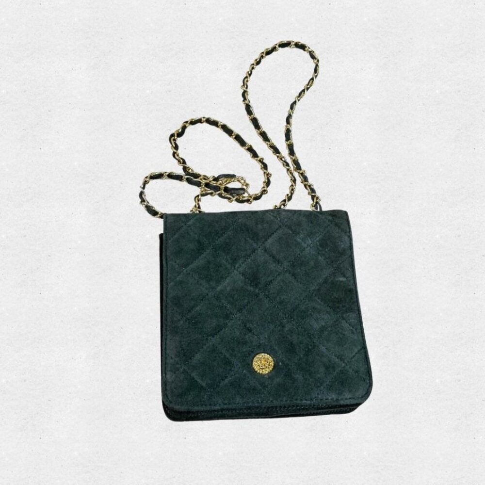 Leather Dark Green Quilted Suede Crossbody Purse Gold Chain Bag Dark Academia